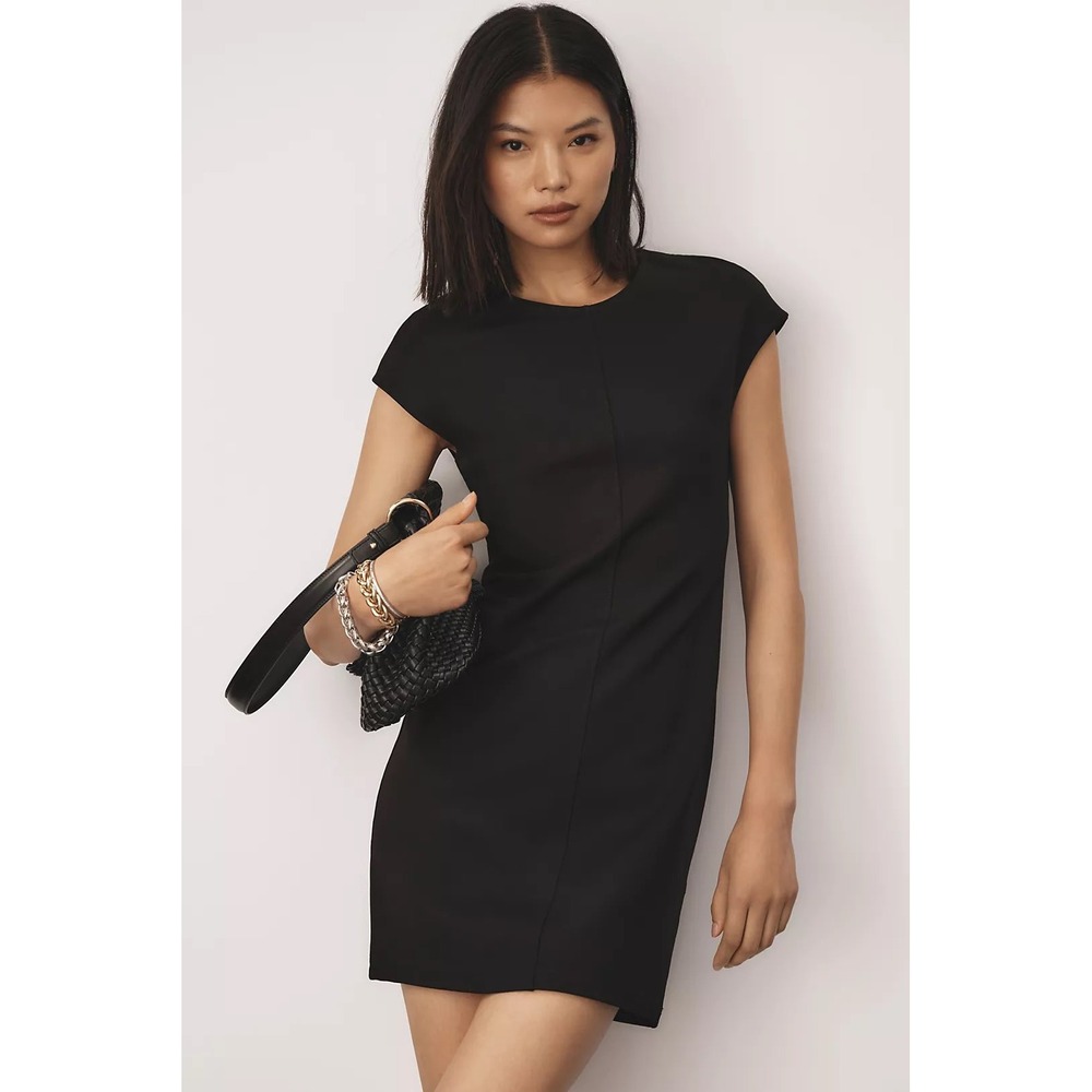 NEW Maeve Anthropologie Shift Dress XS Black Cap Sleeve Zipper Slim Mini LBD